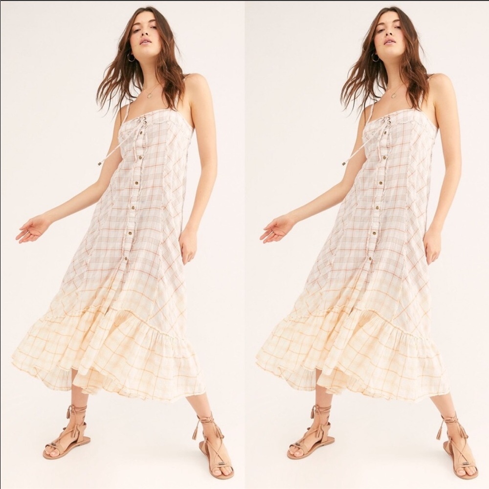 Free People Plaid City Maxi Top Ivory Combo